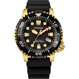 Promaster Dive  
Eco-Drive  
Gold Tone Stainless Steel 44mm Case  
Black Poly Strap  
Black Dial  
Luminous Hands & Markers  
Date Window   
Water Resistance 200m