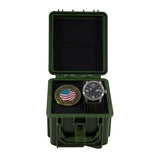 Men's Military Watch Commemorative Box Set  Eco-Drive  
Stainless Steel 42mm Case  Green Nylon Strap  Black Dial  
Luminous Hands & Markers
Day/Date Window  
Water Resistance 100m  
Military Green Hard Watch Box  
Pledge of Allegiance Challenge Coin