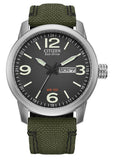 Men's Military Watch Commemorative Box Set  Eco-Drive  
Stainless Steel 42mm Case  Green Nylon Strap  Black Dial  
Luminous Hands & Markers
Day/Date Window  
Water Resistance 100m  
Military Green Hard Watch Box  
Pledge of Allegiance Challenge Coin