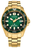 Men's Promaster Dive 
Eco-Drive 
 Gold Tone Stainless Steel Bracelet & 41mm Case  
Green Dial  Luminous Hand & Markers 
Date Window 
Water Resistance 200m