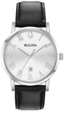 Bulova Silver Dial & Case Roman Numerals Date Black Leather Strap Water Resistance to 30 Meters