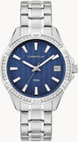 Caravelle Quartz Stainless Steel Case & Bracelet Blue Dial Luminescent Hands Date Crystal Bezel Water Resistance to 100 Meters