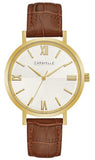 Caravelle Quartz Gold Tone Stainless Steel White Dial Gold Tone Hands & Markers Brown Leather Strap Water Resistant to 30 Meters