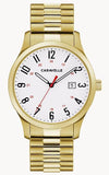 Caravelle  Quartz  Gold Tone Stainless Steel Case & Expansion Bracelet White Dial Luminous Hands Date Splash Resistant
