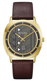 Frank Lloyd Wright Hollyhock House Quartz Gold Tone Stainless Steel Case Gray Dial Brown Leather Strap Splash Resistant
