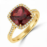 14 Karat Yellow Gold 9mm Cushion Checkered Garnet Diamonds=0.18 Carat Ring Size 7