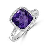 14 Karat White Gold 9mm Cushion Checkered Amethyst Diamonds = 0.18 Carat Ring Size 7