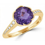 14 Karat Yellow Gold 9mm Round Checkered Amethyst Diamonds=0.11 Carat Ring Size 7.25