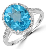 14 Karat White Gold 10x12mm Oval Checkboard Blue Topaz Diamonds=0.20 Carat Ring Size 7.25