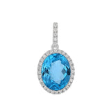 14 Karat White Gold 9x11 Oval Checkered Blue Topaz Diamonds=0.16 Carat Halo Pendant Chain not Included