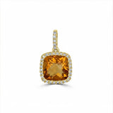 14 Karat Yellow Gold 9mm Cushion Checkered Citrine Diamonds = 0.12 Carat Pendant Chain not Included