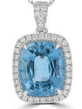 14 Karat White Gold 8x10  Cushion Aquamarine Diamond =0.27 Carat Halo Pendant Chain not Included