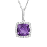 14 Karat White Gold 8MM Checkered Amethyst
20 Diamonds = 0.10 Carat Halo Pendant with 16-18