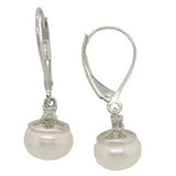 14 Karat White 8-8.5mm Cultered Pearl 2 Diamonds=.12 Carat GH VS-SI Dangle Lever Earrings