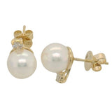 14 Karat Yellow Gold 9-9.5mm Akoya Cultered Pearl=.21 Carat GH VS-SI Post Earrings