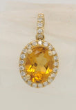 14 Karat Yellow Gold 8X6 Citrine 26 Diamonds=.14 Carat GH VS-SI Halo Pendant - No Chain