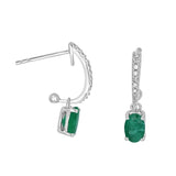 14 Karat White Gold 4X6MM Oval Emerald 18 Diamonds=0.08 Carat Dangle Earrings