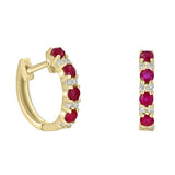 14 Karat Yellow Gold 8 Round Ruby 6 Diamond=0.08 Carat Huggie Earrings