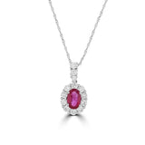 14 Karat White Gold 4X6mm Oval Ruby 13 Diamond=0.40 Carat Halo Pendant - No Chain Included