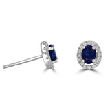 18 Karat White Gold 4X5MM Oval Sapphire 32 Diamond=0.18 Carat Halo Earrings