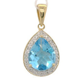 14 Karat Yellow Gold 8X10mm Checkered Pear Blue Topaz16 Diamonds=0.06 Carat Halo Pendant No Chain Included