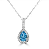 14 Karat White Gold 5X7mm Pear Blue Topaz27 Diamonds=0.13 Carat Halo Pendant No Chain Included