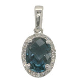 14 Karat White Gold 5X7mm Oval Checkered London Blue Topaz20 Diamonds=0.06 Carat Halo Pendant No Chain Included