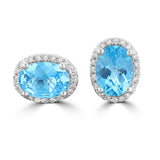 14 Karat White Gold 5X7mm Oval Checkered Blue Topaz40 Diamonds=0.12 Carat Halo Earrings