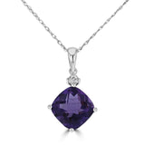 14 Karat White Gold 8mm Checkered Cushion Amethyst Diamond=0.03 Carat Pendant No Chain Included