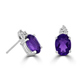 14 Karat White Gold 6X8mm Oval Amethyst6 Diamonds=0.12 Carat Earrings
