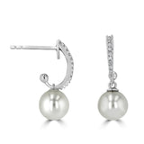 14 Karat White Gold 7mm Fresh Water Pearl18 Diamonds=0.08 Carat Dangle Earrings