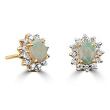 14 Karat Yellow Gold 4X5mm Oval Opal 24 Diamonds=0.23 Carat Halo Earrings