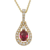 14 Karat Yellow Gold 5x4mm Oval Ruby
20 Diamonds = 0.19 Carat Halo Pendant with 16-18