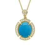 14 Karat Yellow Gold 12x10mm Oval Cabochon Turquoise
32 Diamonds=0.19 Carat Pendant with 16-18