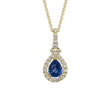 14 Karat Yellow Gold 5x4mm Pear Sapphire
25 Diamonds = 0.13 Carat Halo Pendant with 16-18" Chain