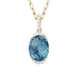 14 Karat Yellow Gold Checkered 13x8mm Blue Topaz
13 Diamonds = 0.06 Carat Halo Pendant includes 18
