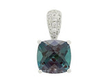 14 Karat White Gold 7mm Cushion Checkerboard Cut Created Alexandrite 16 Round Diamonds=.08 Carat Pendant 
Chain Not Included