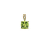 14 Karat Yellow Gold 7mm Cushion Checkerboard Cut Peridot 16 Round Diamonds=.06 Carat Pendant Chain Not Included