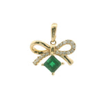 14 Karat Yellow Gold Bow Pendant 3x3mm Emerald 16 Round Diamonds=.06 Carat  Chain Not Included.