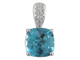 14 Karat White Gold 7x7mm Cushion Checkerboard Cut Blue Topaz 16 Round Diamonds=.06 Carat Pendant Chain Not Included