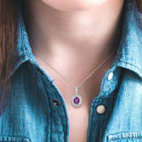 8x6 MM Oval Cut Amethyst and 1/20 Ctw Round Cut Diamond Pendant in Sterling Silver with Chain