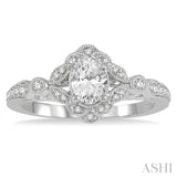 5/8 Ctw Lattice Oval and Round Cut Diamond Ladies Engagement Ring with 3/8 Ct Oval Cut Center Stone in 14K White Gold