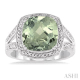 10x10 MM Cushion Shape Green Amethyst and 1/20 Ctw Single Cut Diamond Ring in Sterling Silver