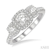 1 Ctw Cushion Shape Past Present and Future Diamond Engagement Ring With 3/8 Ct Round Cut Center Stone in 14K White Gold