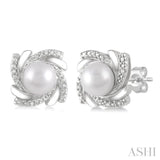 6x6 MM Round Shape Cultured Pearls and 1/50 Ctw Swirl Round Cut Diamond Earring in Sterling Silver