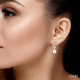 6 MM Round Shape Cultured Pearls and 1/8 Ctw Round Cut Diamond Drop Petite Huggie Earrings 14K White Gold
