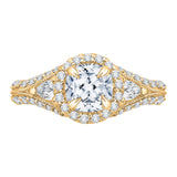 Cushion Cut Split Shank Diamond Halo Engagement Ring in 14K Yellow Gold (Semi-Mount)