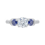 Euro Shank Round Diamond and Sapphire Three-Stone Engagement Ring in 14K White Gold (Semi-Mount)