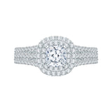 Split Shank Cushion Cut Diamond Double Halo Engagement Ring in 14K White Gold