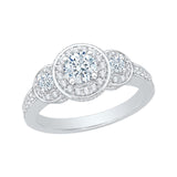 Diamond Three-Stone Halo Engagement Ring in 14K White Gold